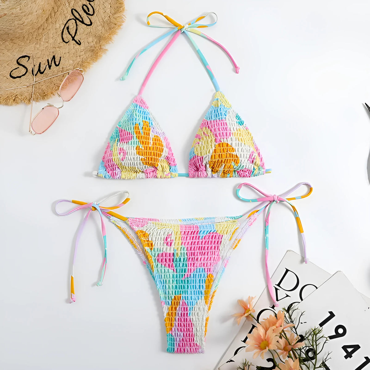 Women's multicolour floral gradient bikini with smocking detail in polyester fabric