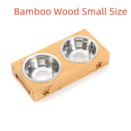 Solid wood pet dining table with elevated stainless steel feeding bowls for cat or dog