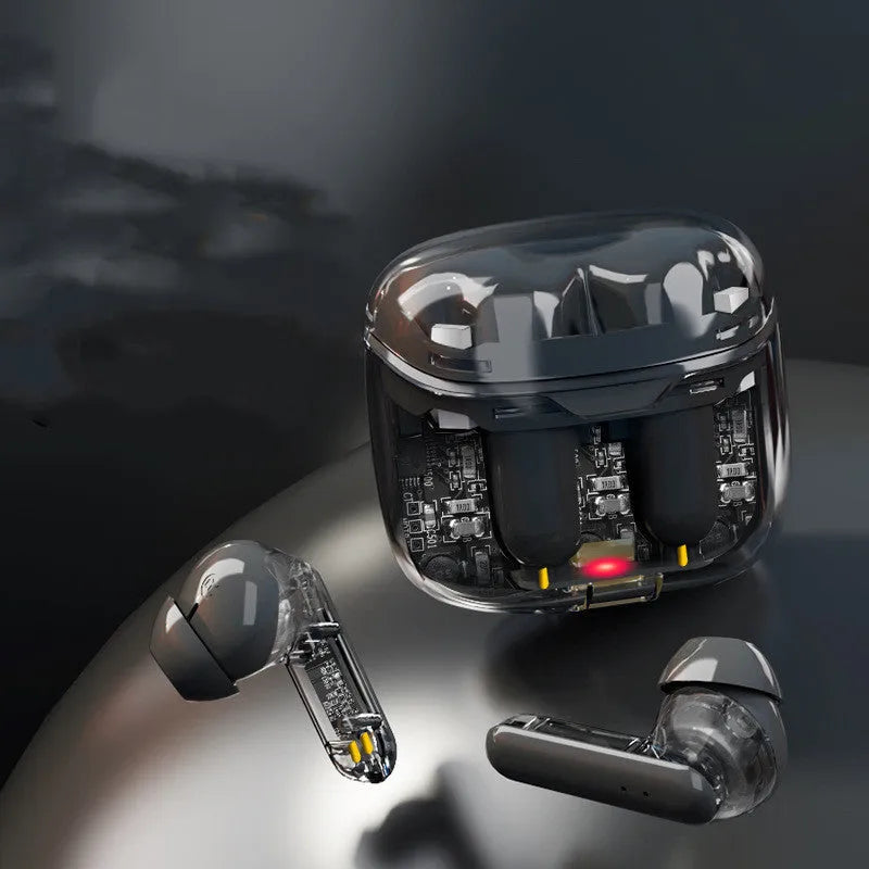 Transparent plastic wireless Bluetooth headset in black, white, or purple colours.