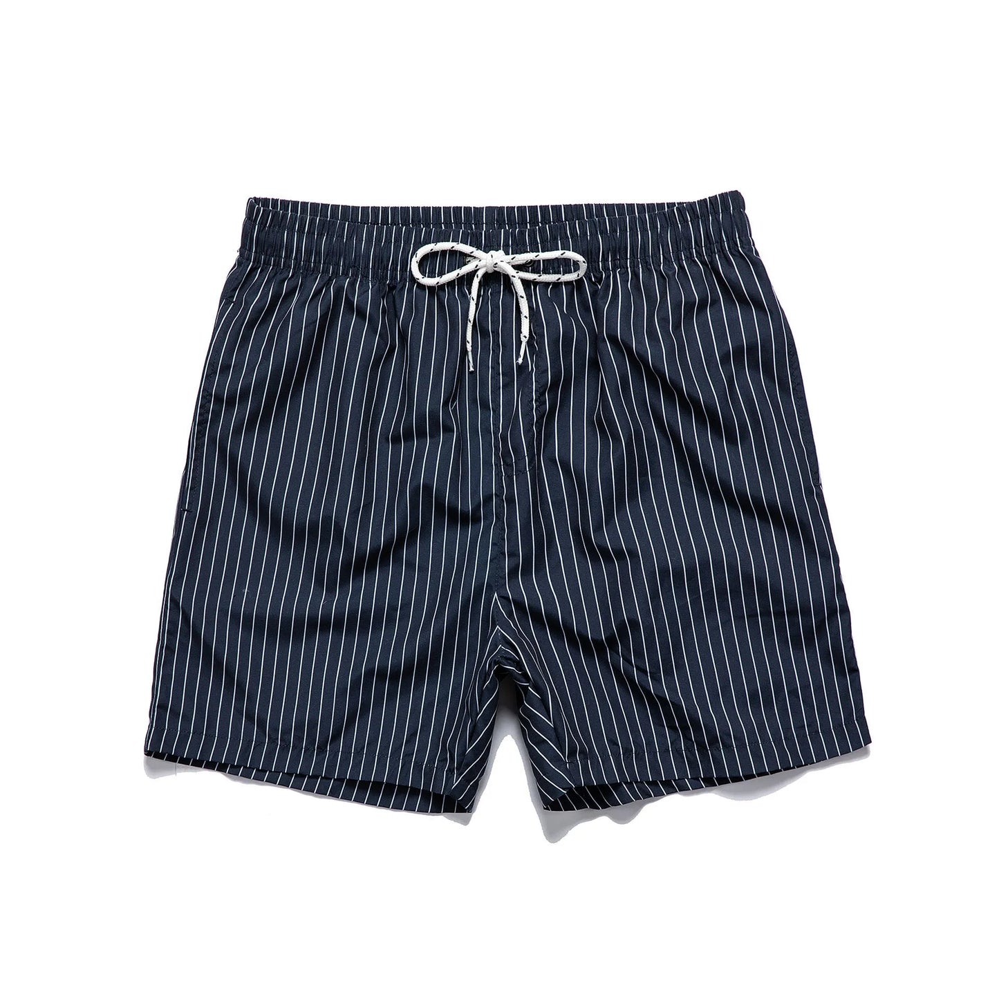 Men's navy blue striped casual shorts with a straight leg opening and triangle lining laid flat.