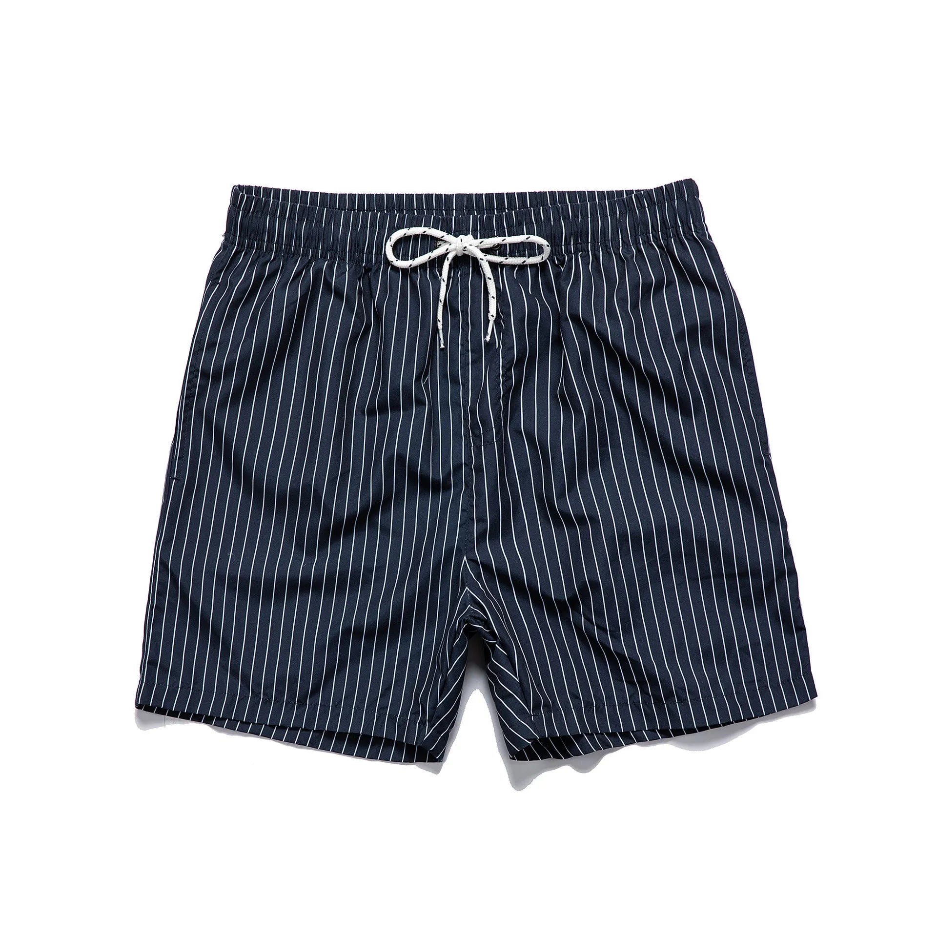 Men's navy blue striped casual shorts with a straight leg opening and triangle lining laid flat.