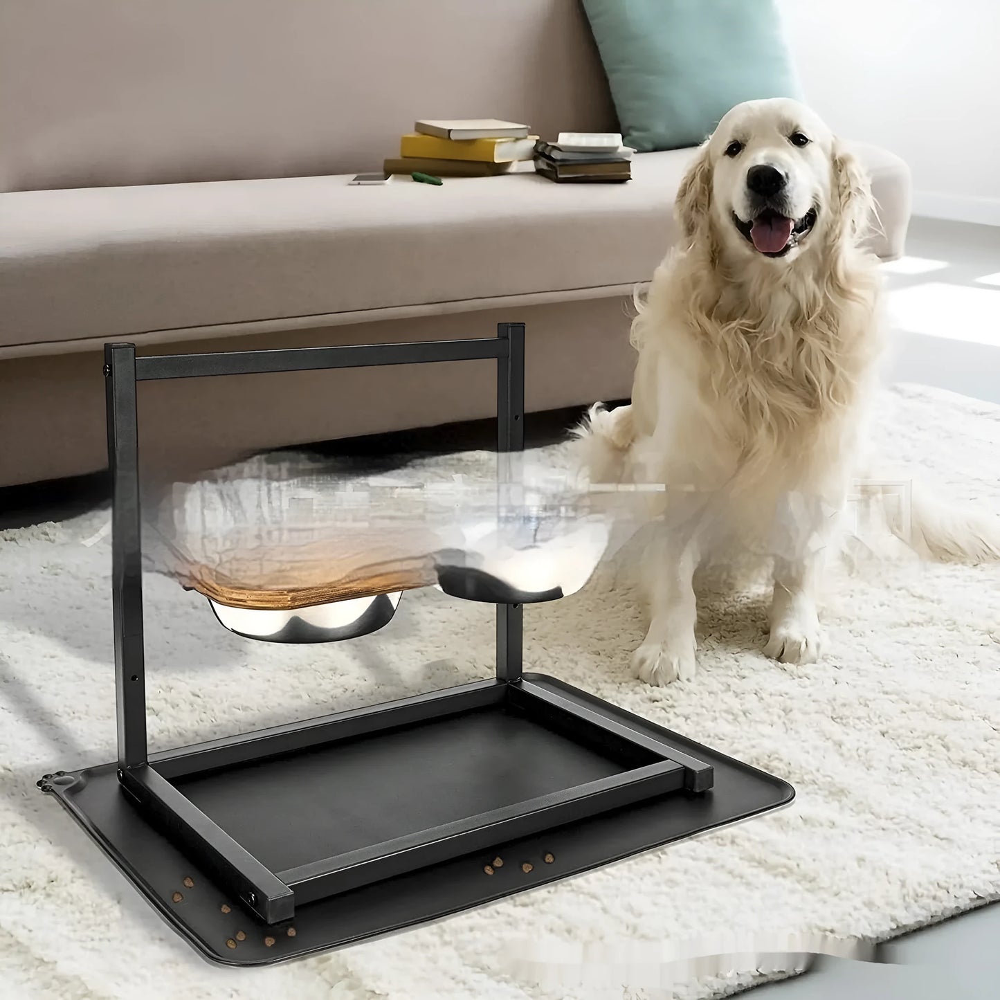 Black iron dog bowl rack holding two bowls for pet food and water