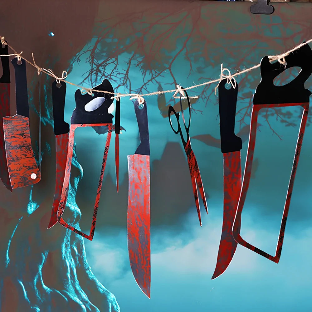 Halloween blood knife decoration set with 12 weapon props on 2.2 metre string
