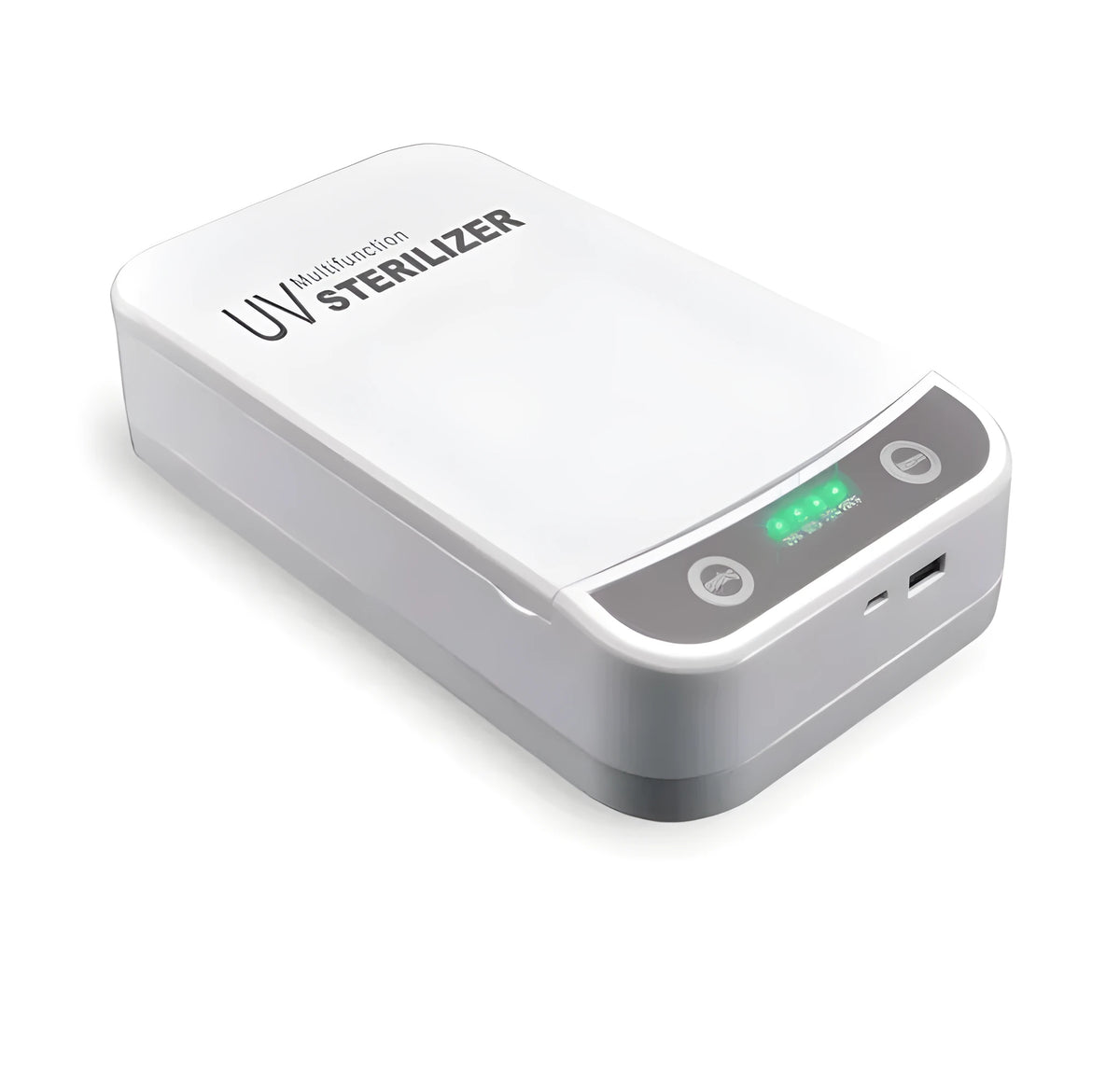 Compact UV disinfection box showing internal chamber with four UV-C lamps for sanitising mobile phones