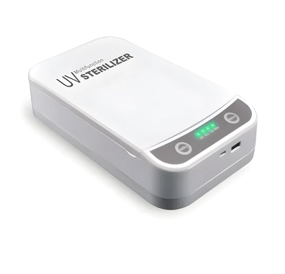 Compact UV disinfection box showing internal chamber with four UV-C lamps for sanitising mobile phones