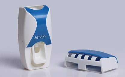 Dust proof automatic toothpaste squeezer and toothbrush holder set in black, blue, or red