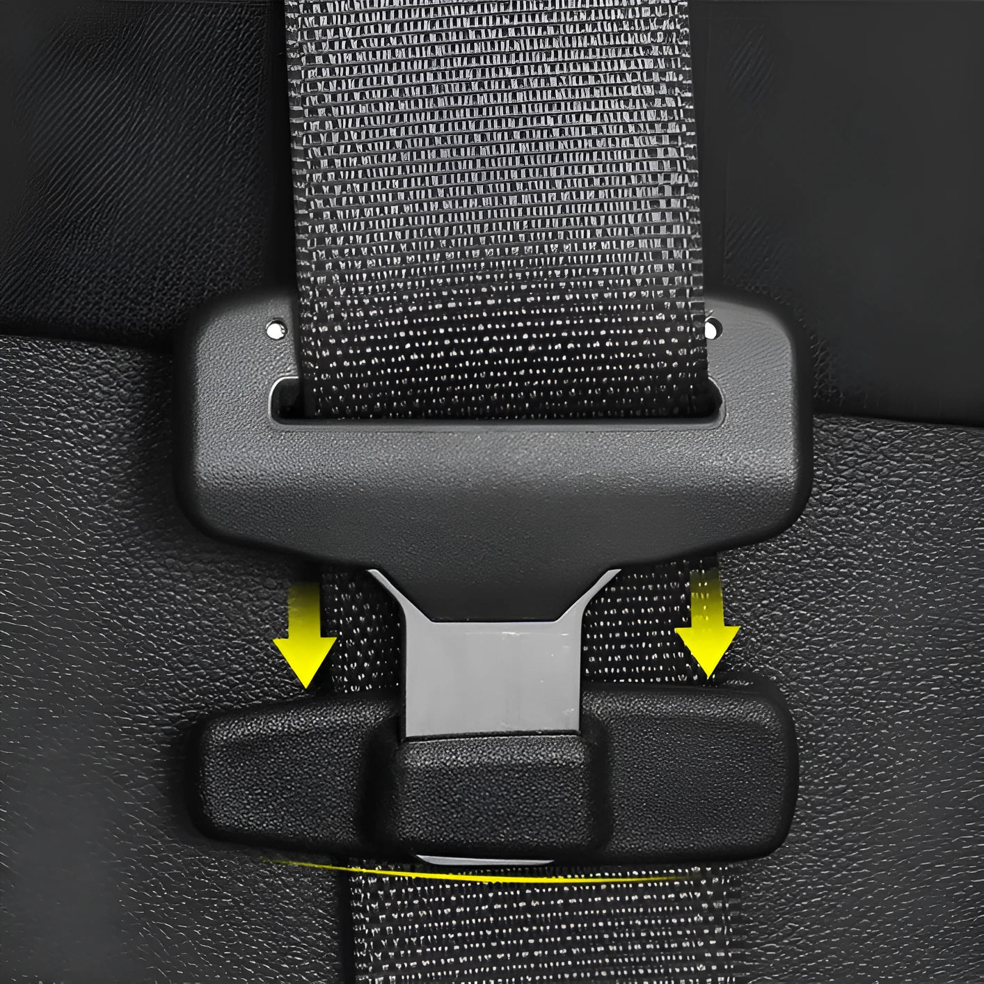 Two black ABS plastic car seat belt stopper clips in clear OPP packaging