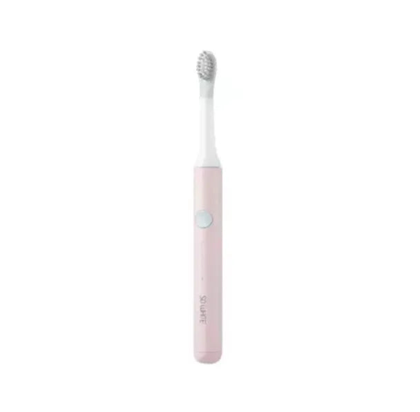 SOOCAS sonic electric toothbrush in blue or pink with round brush head on a bathroom counter.