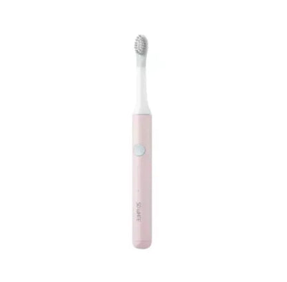 SOOCAS sonic electric toothbrush in blue or pink with round brush head on a bathroom counter.