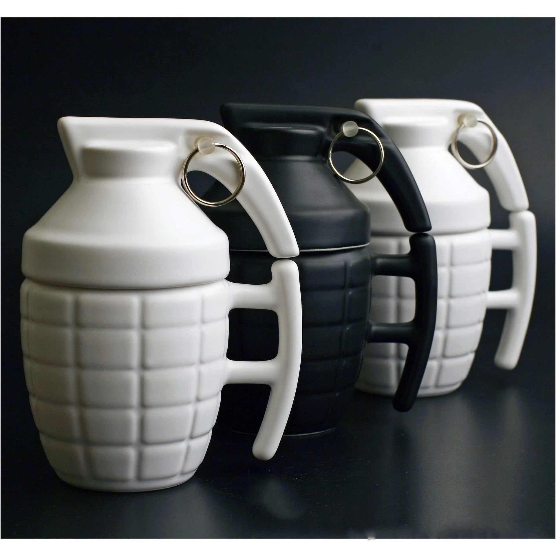 Stylish and durable grenade-shaped ceramic coffee mug with a secure lid, perfect for outdoor adventures and office use.