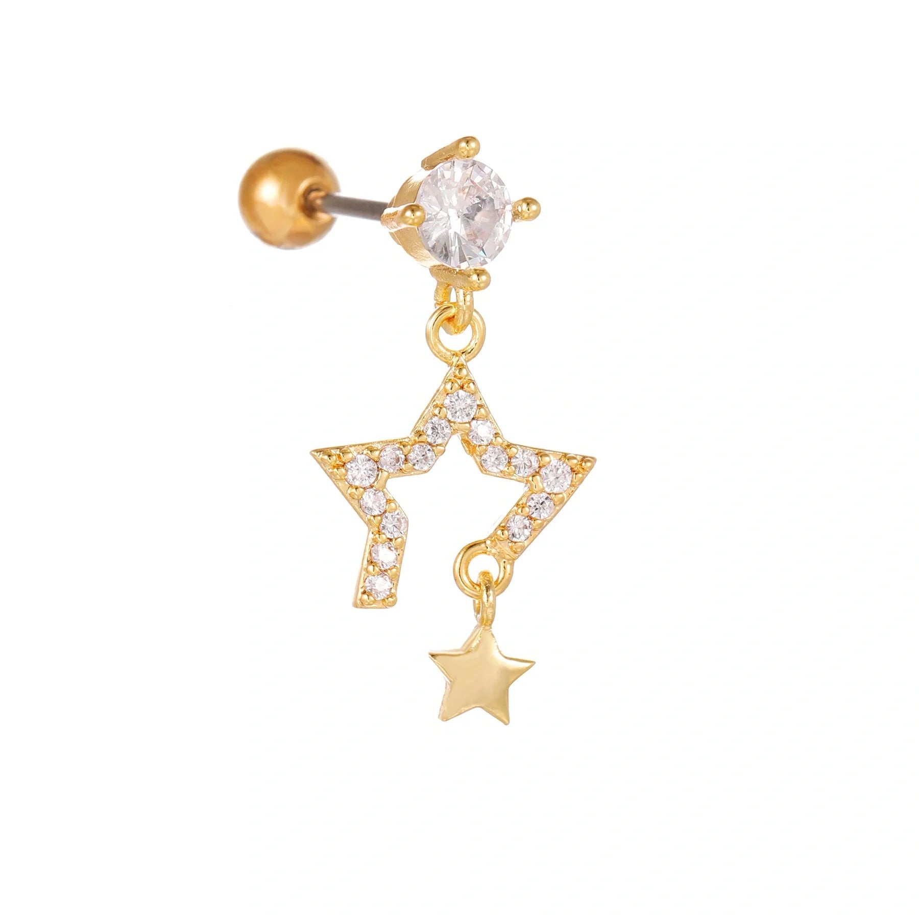 Stylish Star Moon Cubic Zirconia Cartilage Earring in gold and white