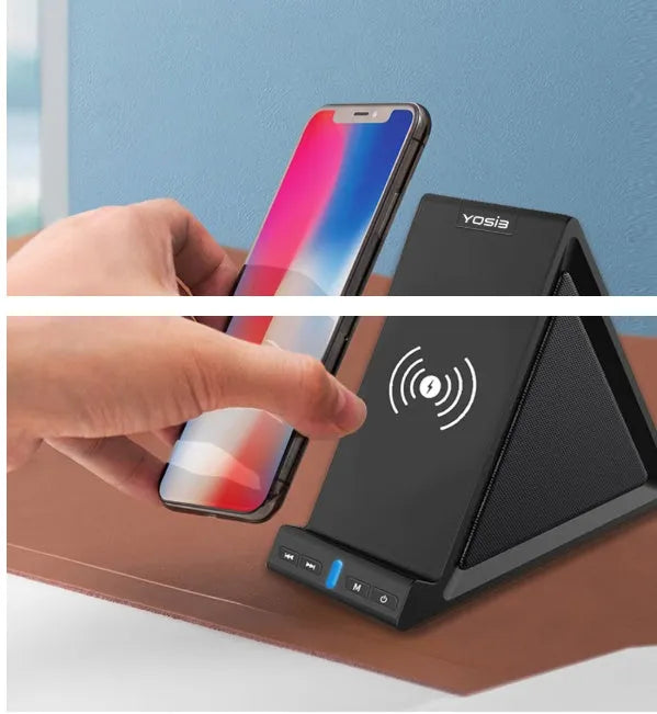 Black multifunctional device with Bluetooth speaker, phone stand, and wireless charging capabilities, dimensions 165x80x130mm