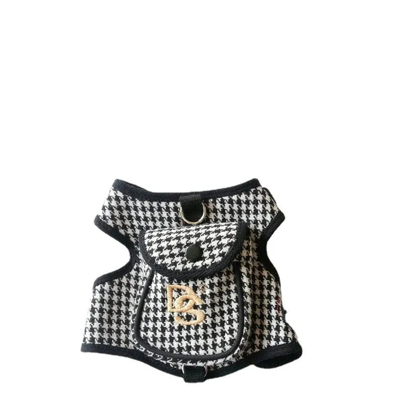 Black houndstooth pattern cotton dog vest with attached leash in Korean style.