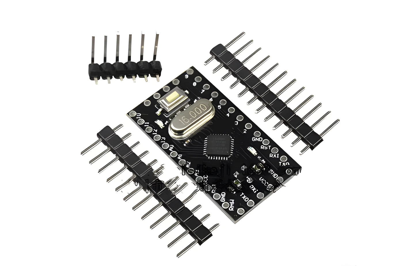 Mini Pro microcontroller board showing 14 digital I/O pins, 8 analog inputs, and Atmega328P chip on 33.3mm x 18.0mm green PCB