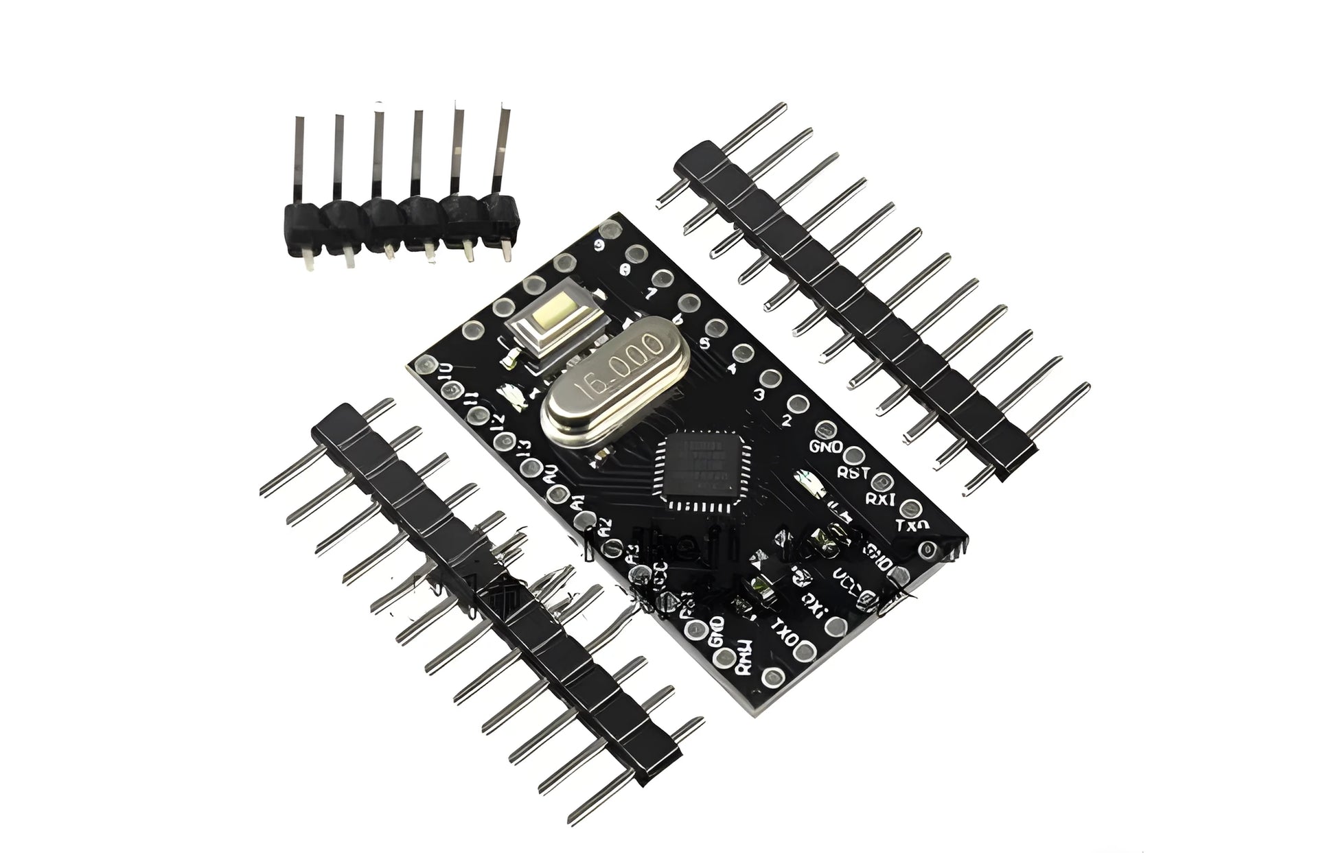 Mini Pro microcontroller board showing 14 digital I/O pins, 8 analog inputs, and Atmega328P chip on 33.3mm x 18.0mm green PCB