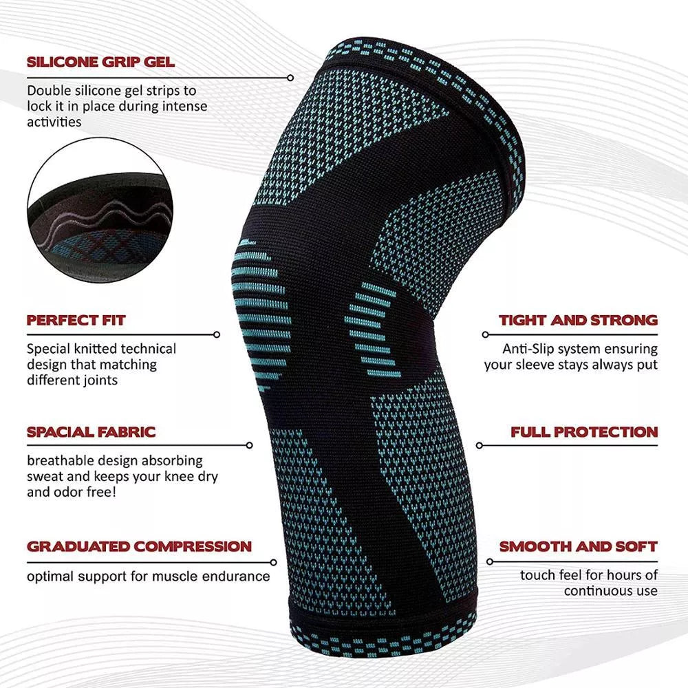Knitted sports knee pads in green and black, sizes S to XL, for football, basketball, and more