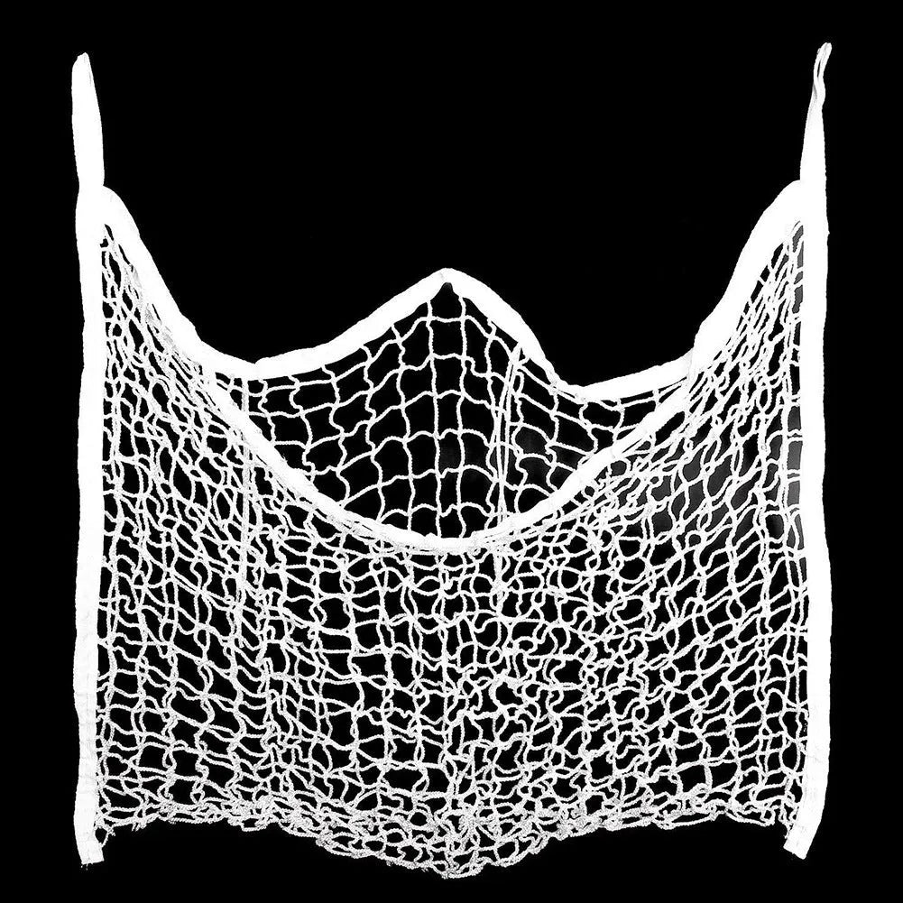 Black woven grid hanging feeding bag for horses, showing size and rope construction.