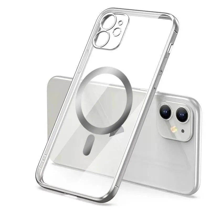 Electroplated magnetic suction back cover for iPhone case in multiple colours including black and blue.
