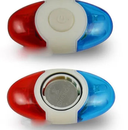 Red and blue LED tail light with adjustable mounting base shown in horizontal and vertical positions.
