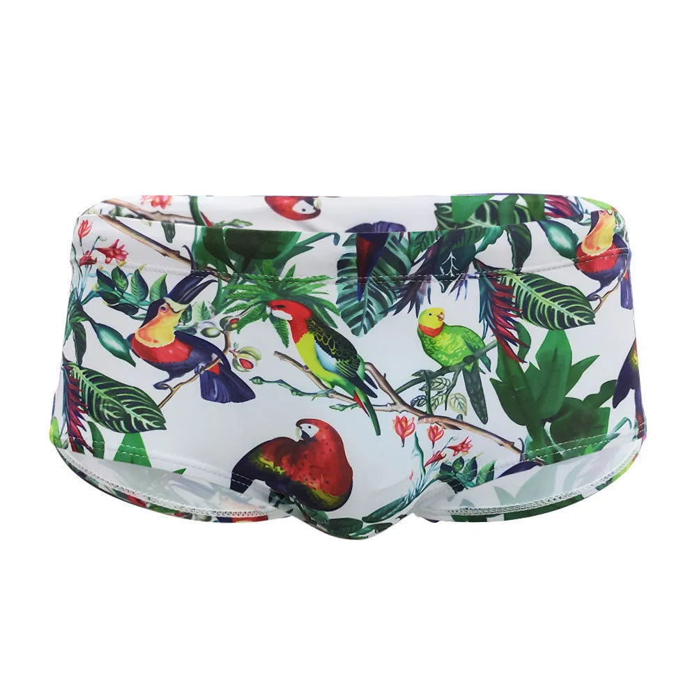 Men's flower-bird print nylon swimming trunks with cup cover in boxer brief style