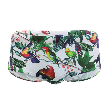 Men's flower-bird print nylon swimming trunks with cup cover in boxer brief style
