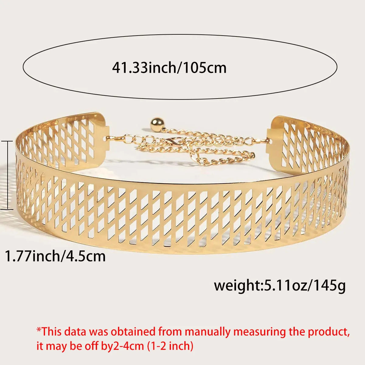 Golden Lantern Head Punching Net Flower iron waist ring belt in gold, showing thick 4.5cm width and alloy buckle.