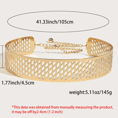 Golden Lantern Head Punching Net Flower iron waist ring belt in gold, showing thick 4.5cm width and alloy buckle.