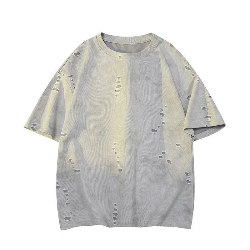 Men's grey distressed rip short sleeve t-shirt with loose fit cotton blend fabric