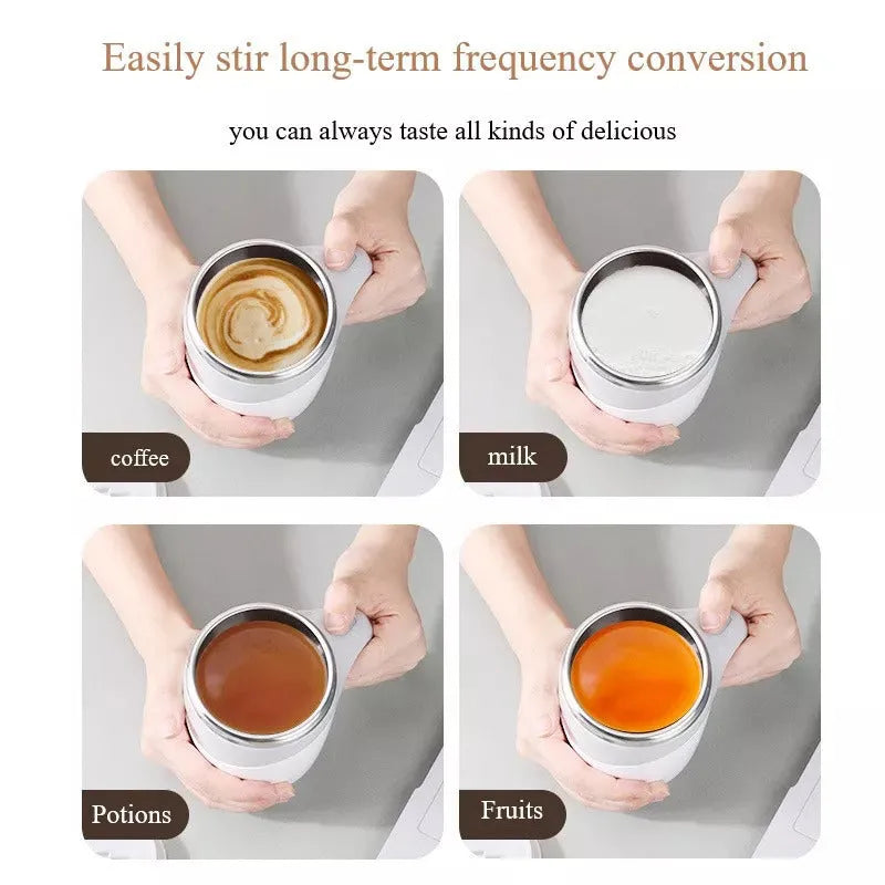 White automatic stirring coffee cup with magnetic mixing technology and modern design