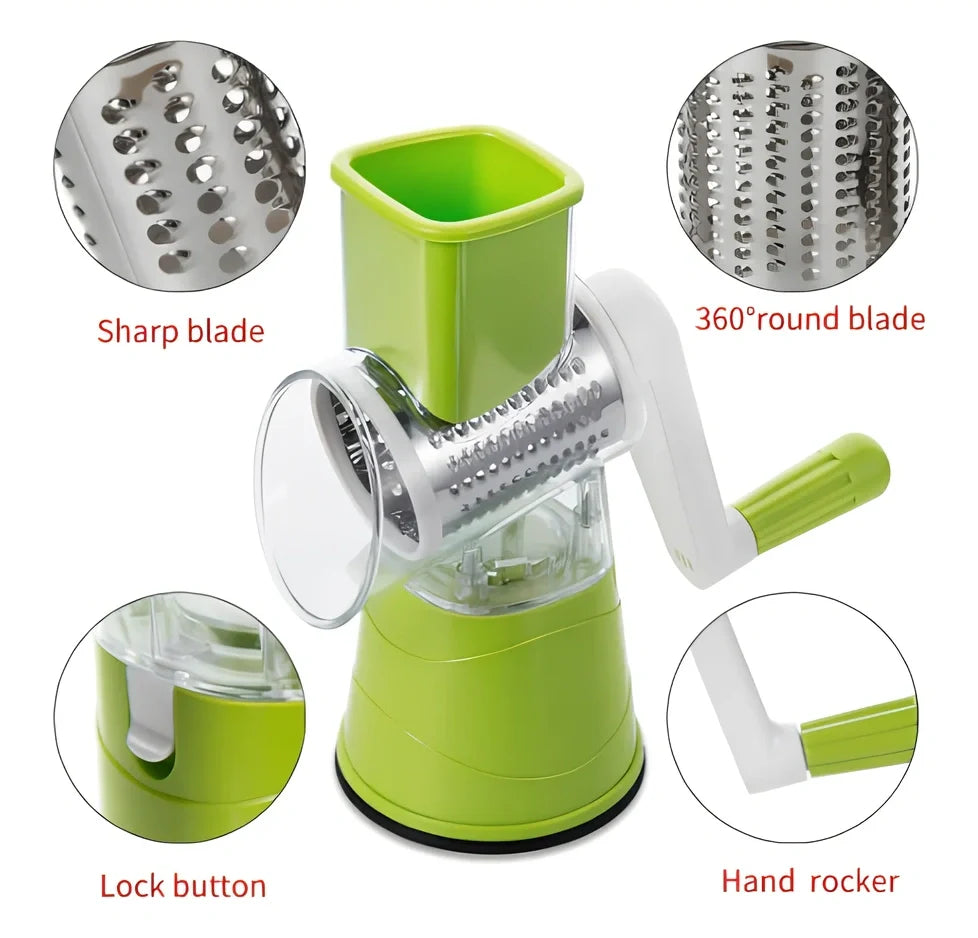 Hand drum rotary grater with stainless steel blades for vegetable preparation