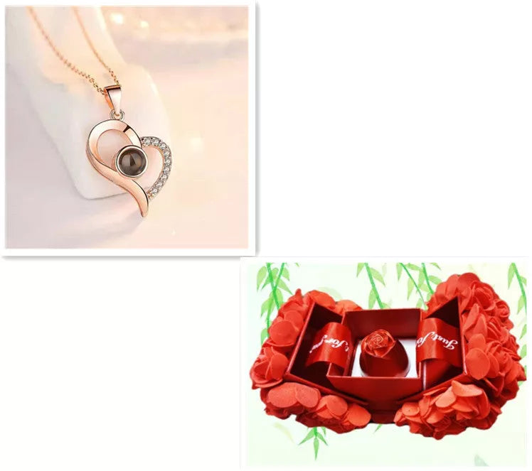 Valentine's Day Metal Rose Jewelry Gift Box Necklace with adjustable crystal necklace and maroon gift box