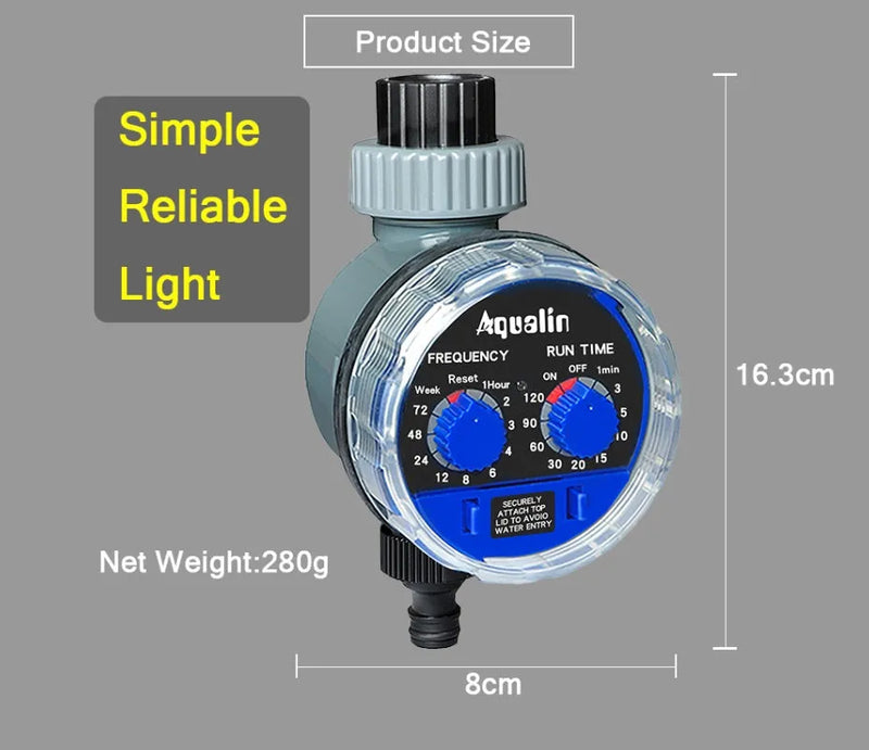 Automatic watering device timer with indoor ball valve for garden hose, battery operated programmable timer with manual override for 3/4 inch faucets up to 8 bar pressure