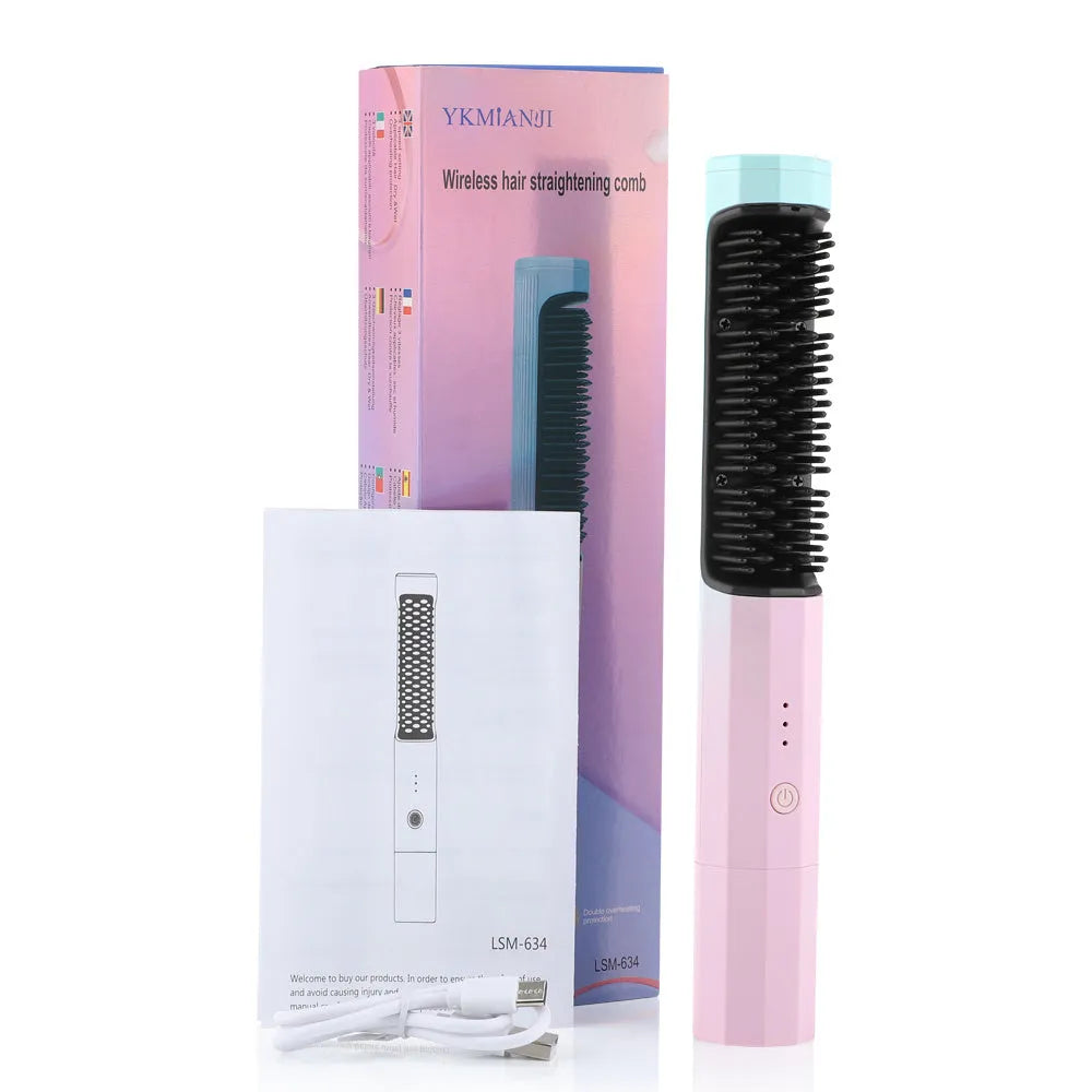 Pink cordless straightening brush with wide nylon teeth and an anti-scald shell on a bathroom counter.