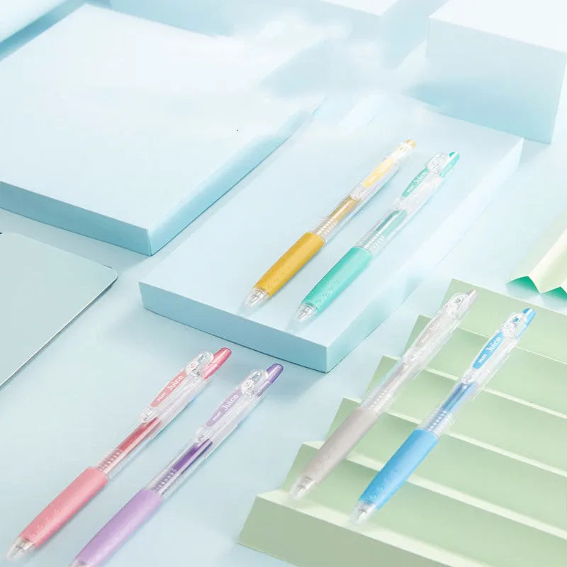 Set of six Official Direct Juice Baiguole gel pens with 0.5mm tips, showing metallic, tender, or conventional colour options.