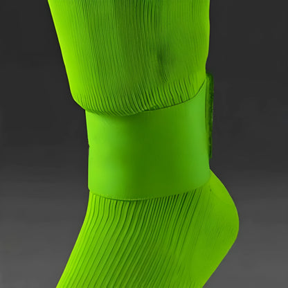 Rubber football shin guard retention tape belt shown in red, blue, black, and white colour options.