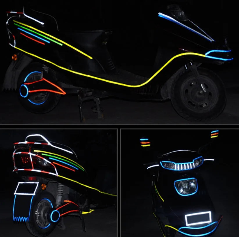 8 metre roll of reflective stickers in red, yellow, blue, green, silver, red and white, and yellow and black for car, motorcycle, and bicycle use