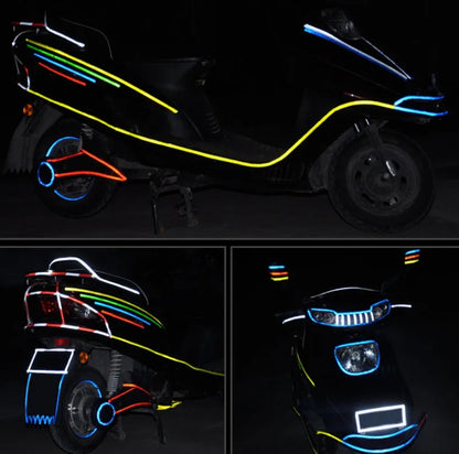 8 metre roll of reflective stickers in red, yellow, blue, green, silver, red and white, and yellow and black for car, motorcycle, and bicycle use