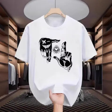 Men's mesh T-shirt with cartoon pattern in bird eye cloth polyester, showing round neck and short sleeve design