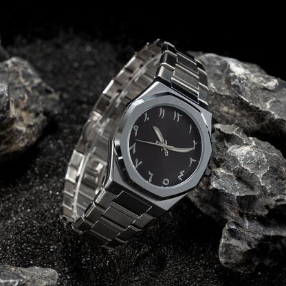 Men's business casual quartz watch with steel belt in black and silver colours, showing 10mm thick case.