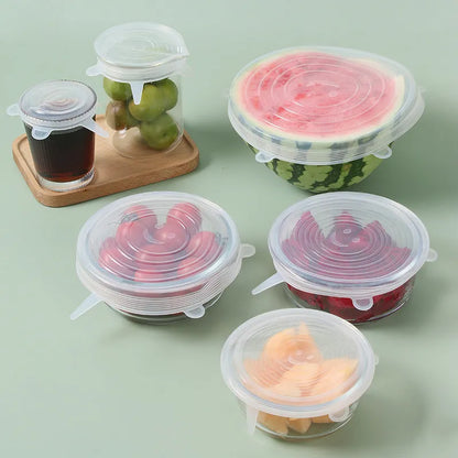 Six silicone stretch lids in graduated sizes from 6.5cm to 20.5cm diameter for covering bowls and jars