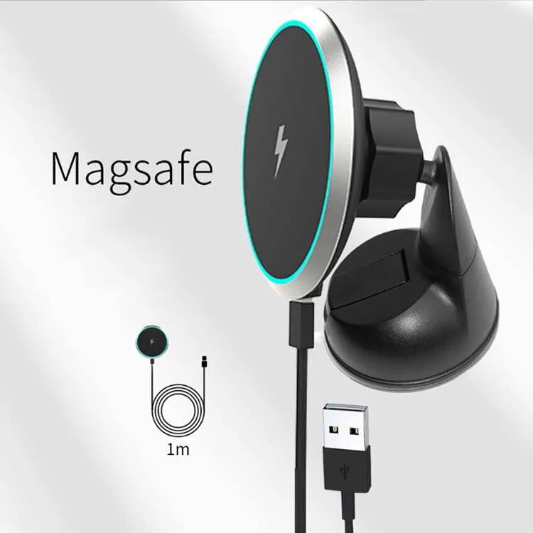 15W magnetic car wireless charger with fast charging capability and air outlet bracket mount for mobile phones that support wireless charging, featuring a plastic housing and integrated indicator light.