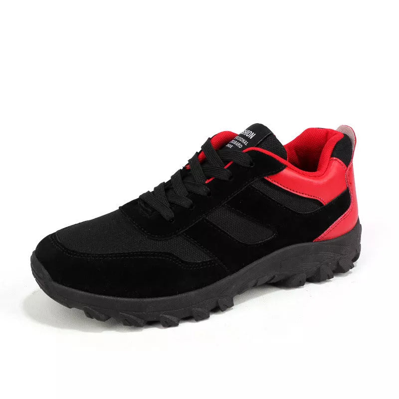 Korean leisure shoes for men in black, red, and blue, ideal for sports and hiking