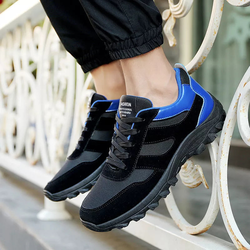 Korean leisure shoes for men in black, red, and blue, ideal for sports and hiking