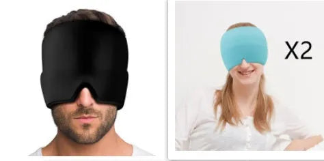 Black elastic cloth gel cold compress eye mask for headache relief on a grey background.