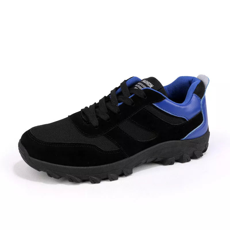 Korean leisure shoes for men in black, red, and blue, ideal for sports and hiking