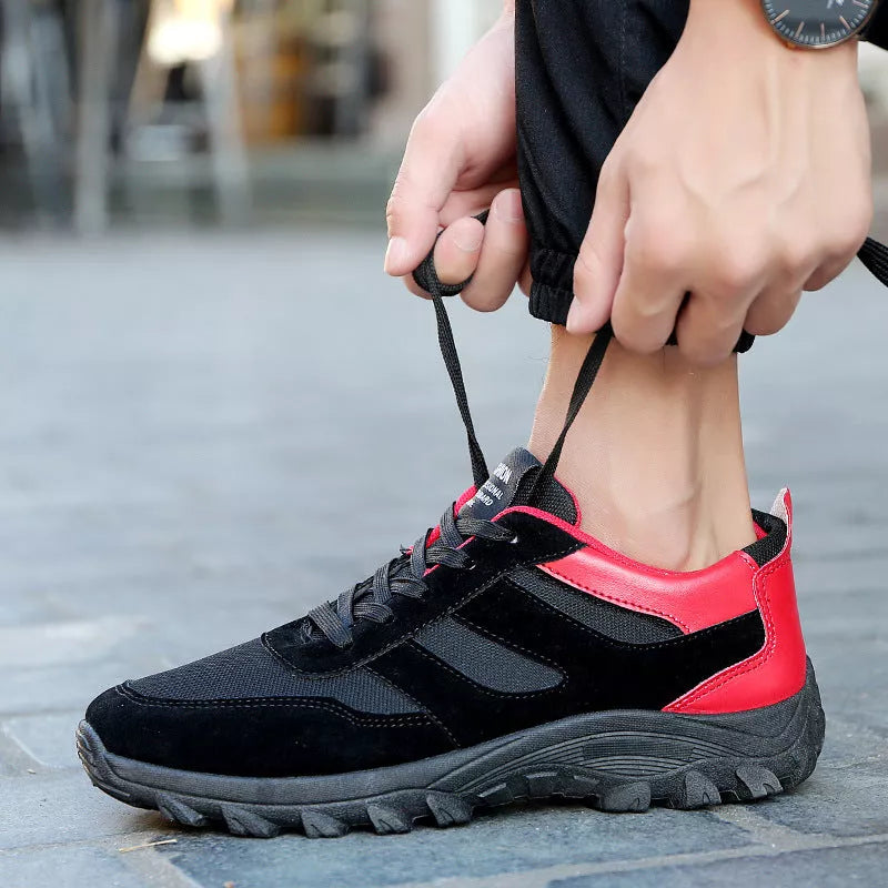 Korean leisure shoes for men in black, red, and blue, ideal for sports and hiking