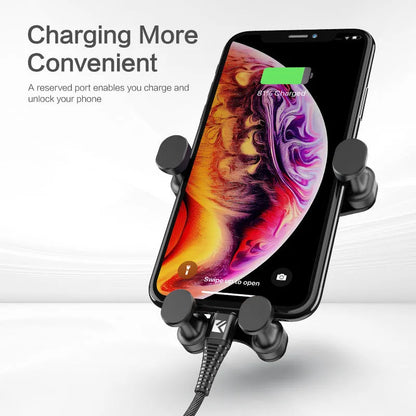 Black gravity car phone holder mounted on a car air vent, showing 360-degree rotation.