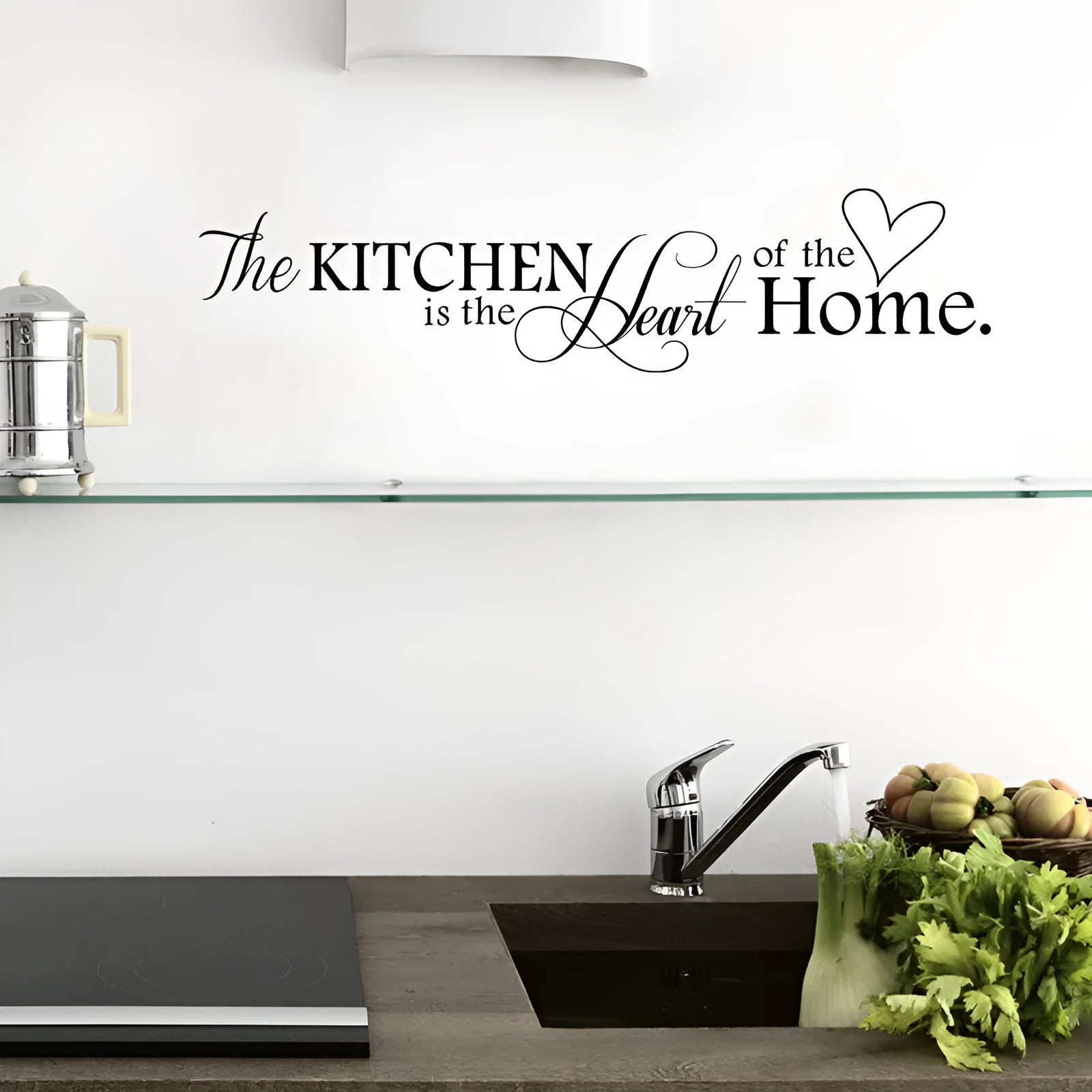 Black 'Kitchen Is Heart Of The Home' PVC wall sticker mural measuring 60x15 cm for removable kitchen decoration