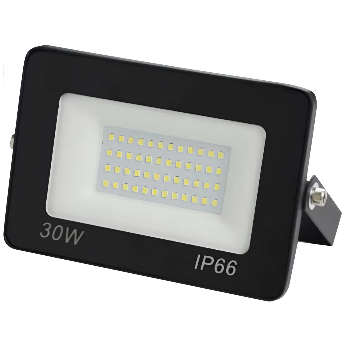 Black LED flood light with aluminium shell and glass cover, IP65 waterproof, 120° beam angle, 10W to 300W, cool white.