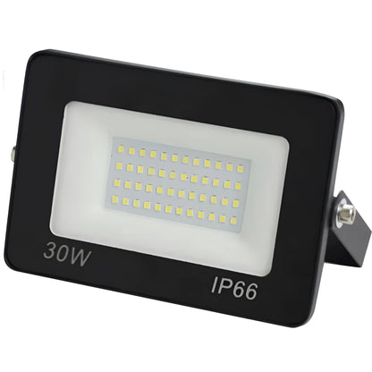Black LED flood light with aluminium shell and glass cover, IP65 waterproof, 120° beam angle, 10W to 300W, cool white.